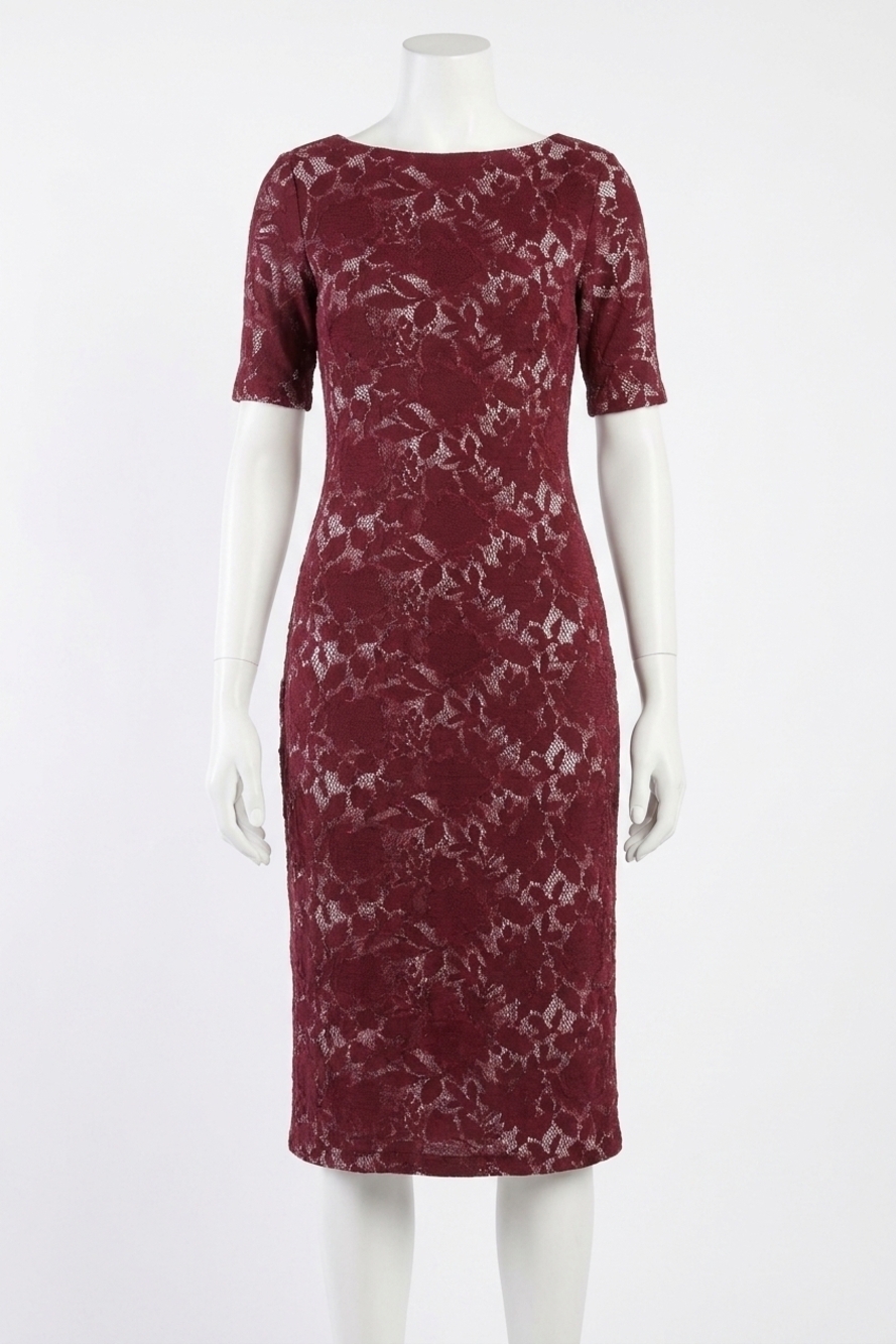 NEW MAGGY LONDON jacquard style print sheath dress in wine white